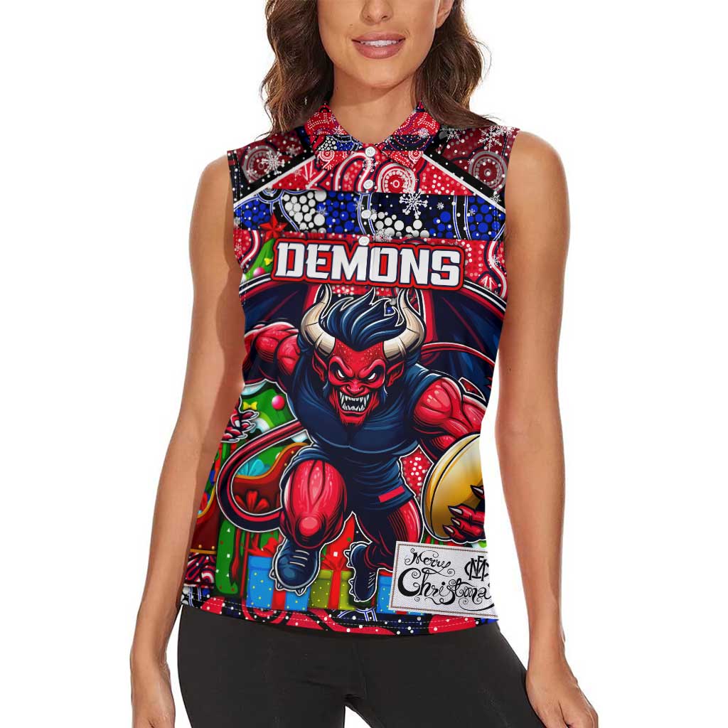 Custom Demons Rugby Merry Christmas Women Sleeveless Polo Shirt Indigenous Australian Art