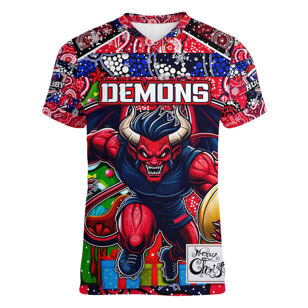 Custom Demons Rugby Merry Christmas Women V-Neck T-Shirt Indigenous Australian Art