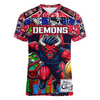 Custom Demons Rugby Merry Christmas Women V-Neck T-Shirt Indigenous Australian Art