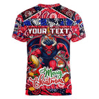Custom Demons Rugby Merry Christmas Women V-Neck T-Shirt Indigenous Australian Art