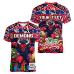 Custom Demons Rugby Merry Christmas Women V-Neck T-Shirt Indigenous Australian Art