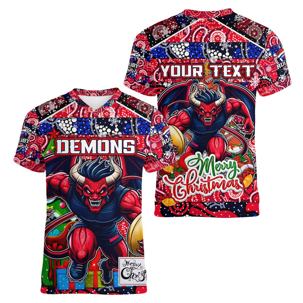 Custom Demons Rugby Merry Christmas Women V-Neck T-Shirt Indigenous Australian Art