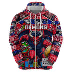Custom Demons Rugby Merry Christmas Zip Hoodie Indigenous Australian Art