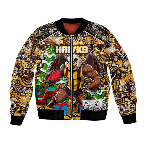 Custom Hawks Rugby Merry Christmas Bomber Jacket Indigenous Australian Art