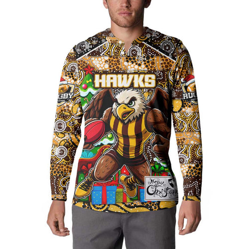 Custom Hawks Rugby Merry Christmas Button Sweatshirt Indigenous Australian Art