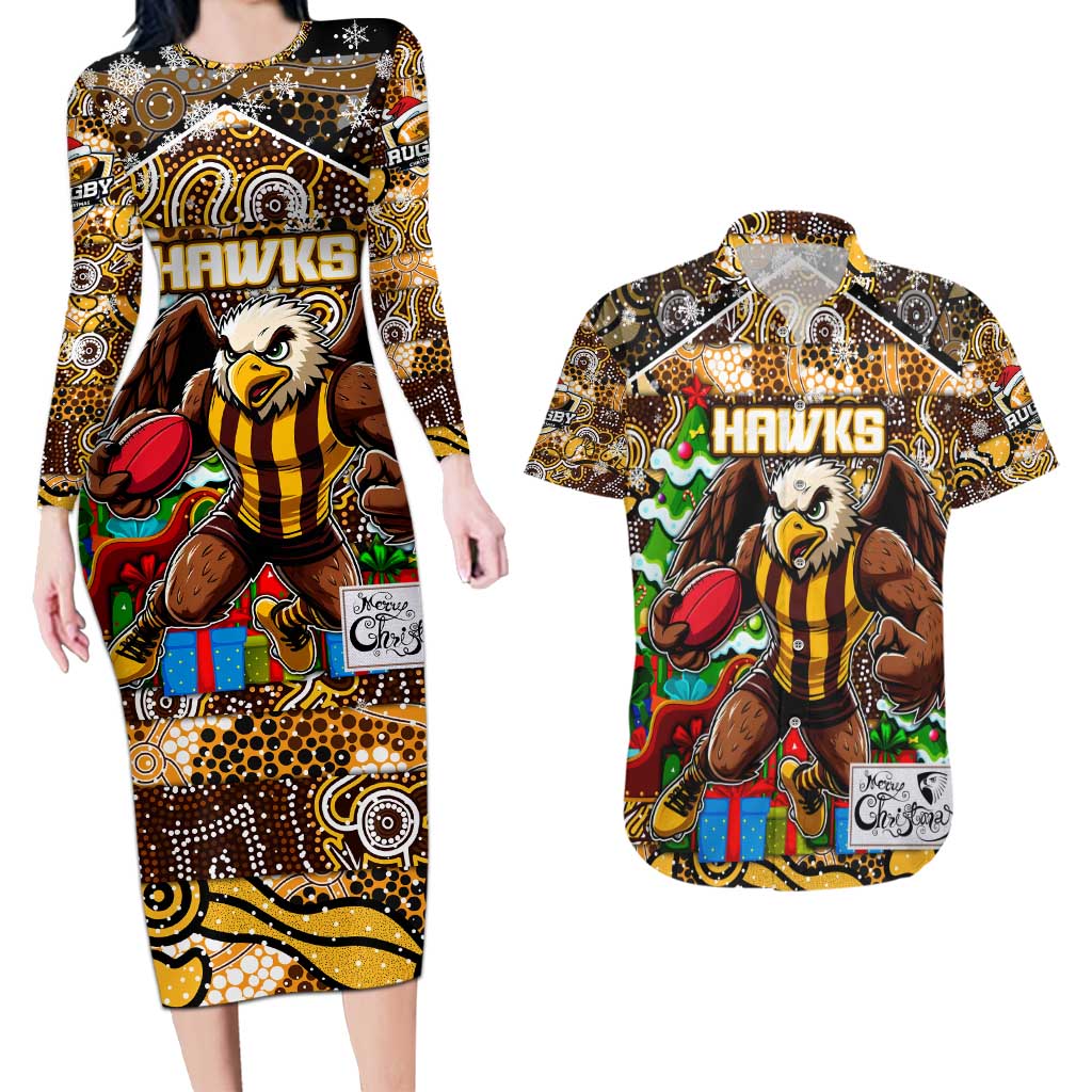 Custom Hawks Rugby Merry Christmas Couples Matching Long Sleeve Bodycon Dress and Hawaiian Shirt Indigenous Australian Art
