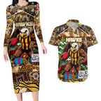 Custom Hawks Rugby Merry Christmas Couples Matching Long Sleeve Bodycon Dress and Hawaiian Shirt Indigenous Australian Art