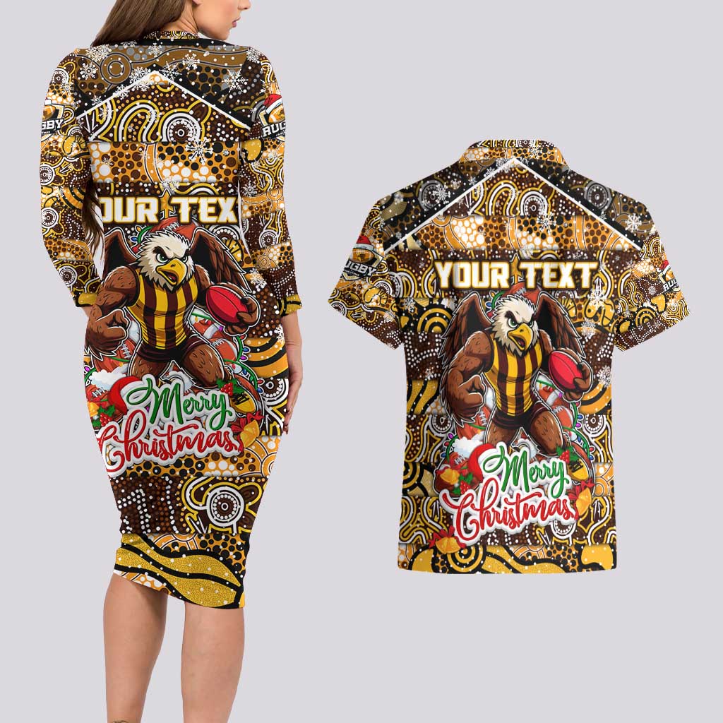 Custom Hawks Rugby Merry Christmas Couples Matching Long Sleeve Bodycon Dress and Hawaiian Shirt Indigenous Australian Art