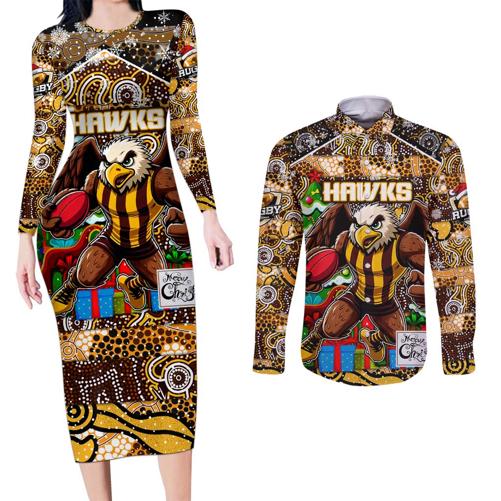 Custom Hawks Rugby Merry Christmas Couples Matching Long Sleeve Bodycon Dress and Long Sleeve Button Shirt Indigenous Australian Art