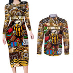 Custom Hawks Rugby Merry Christmas Couples Matching Long Sleeve Bodycon Dress and Long Sleeve Button Shirt Indigenous Australian Art