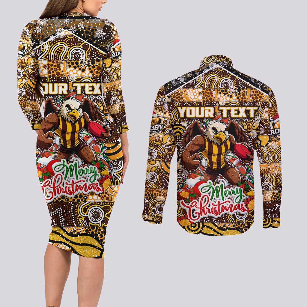 Custom Hawks Rugby Merry Christmas Couples Matching Long Sleeve Bodycon Dress and Long Sleeve Button Shirt Indigenous Australian Art