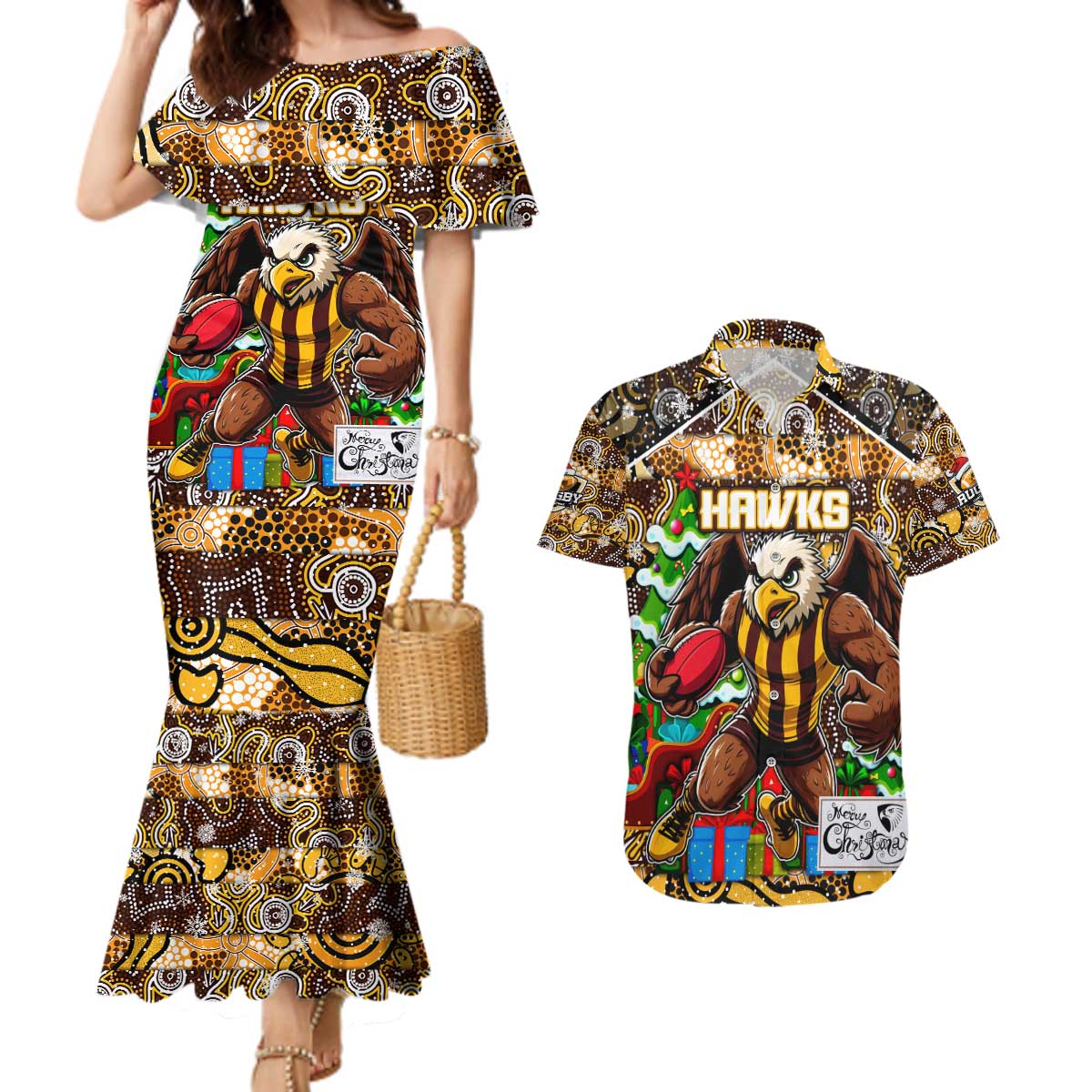 Custom Hawks Rugby Merry Christmas Couples Matching Mermaid Dress and Hawaiian Shirt Indigenous Australian Art