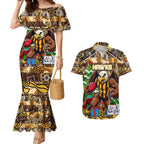 Custom Hawks Rugby Merry Christmas Couples Matching Mermaid Dress and Hawaiian Shirt Indigenous Australian Art