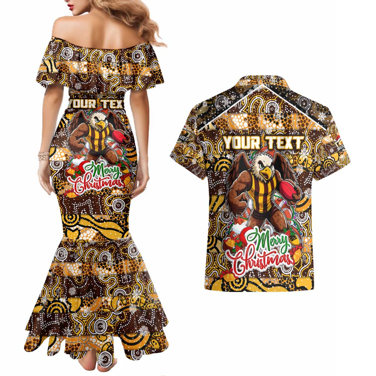 Custom Hawks Rugby Merry Christmas Couples Matching Mermaid Dress and Hawaiian Shirt Indigenous Australian Art