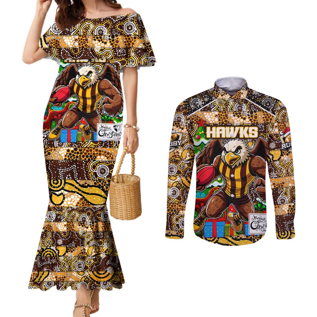 Custom Hawks Rugby Merry Christmas Couples Matching Mermaid Dress and Long Sleeve Button Shirt Indigenous Australian Art