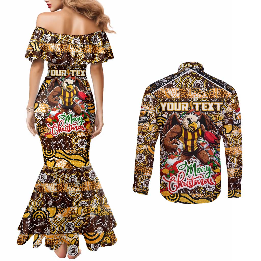 Custom Hawks Rugby Merry Christmas Couples Matching Mermaid Dress and Long Sleeve Button Shirt Indigenous Australian Art