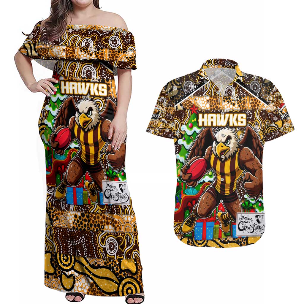 Custom Hawks Rugby Merry Christmas Couples Matching Off Shoulder Maxi Dress and Hawaiian Shirt Indigenous Australian Art