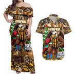 Custom Hawks Rugby Merry Christmas Couples Matching Off Shoulder Maxi Dress and Hawaiian Shirt Indigenous Australian Art