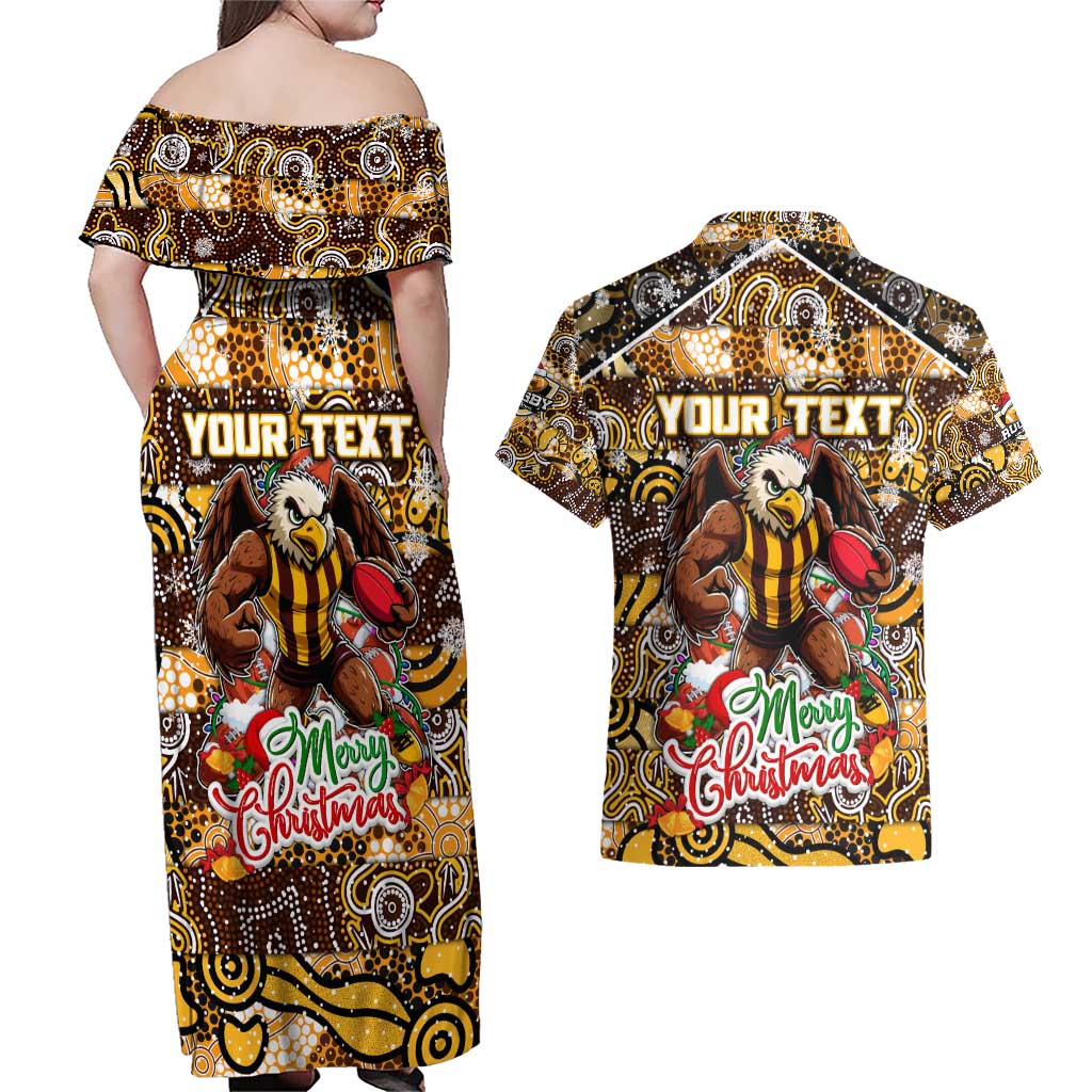 Custom Hawks Rugby Merry Christmas Couples Matching Off Shoulder Maxi Dress and Hawaiian Shirt Indigenous Australian Art