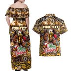 Custom Hawks Rugby Merry Christmas Couples Matching Off Shoulder Maxi Dress and Hawaiian Shirt Indigenous Australian Art