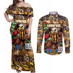 Custom Hawks Rugby Merry Christmas Couples Matching Off Shoulder Maxi Dress and Long Sleeve Button Shirt Indigenous Australian Art