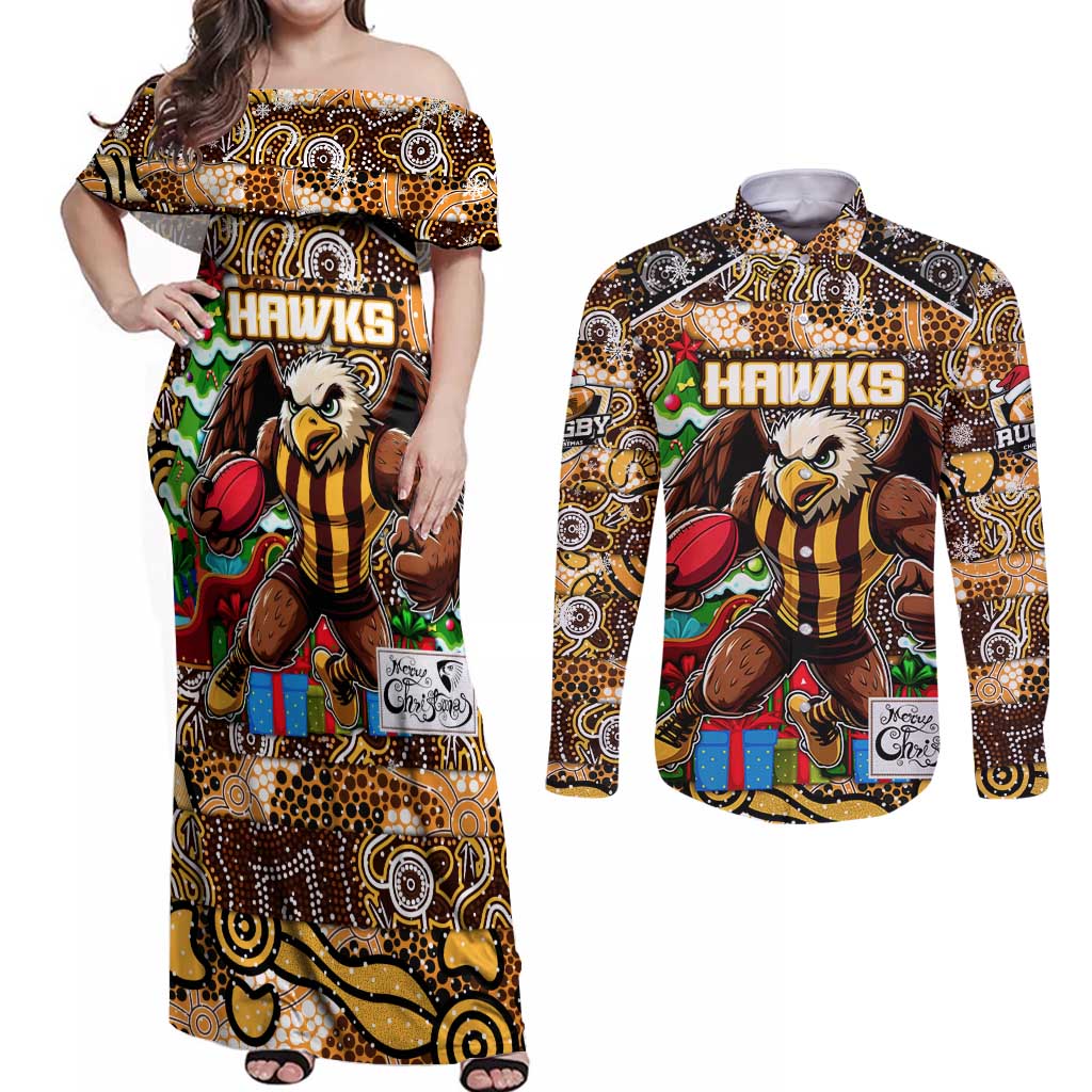 Custom Hawks Rugby Merry Christmas Couples Matching Off Shoulder Maxi Dress and Long Sleeve Button Shirt Indigenous Australian Art