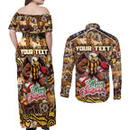 Custom Hawks Rugby Merry Christmas Couples Matching Off Shoulder Maxi Dress and Long Sleeve Button Shirt Indigenous Australian Art