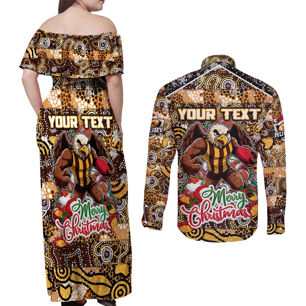 Custom Hawks Rugby Merry Christmas Couples Matching Off Shoulder Maxi Dress and Long Sleeve Button Shirt Indigenous Australian Art