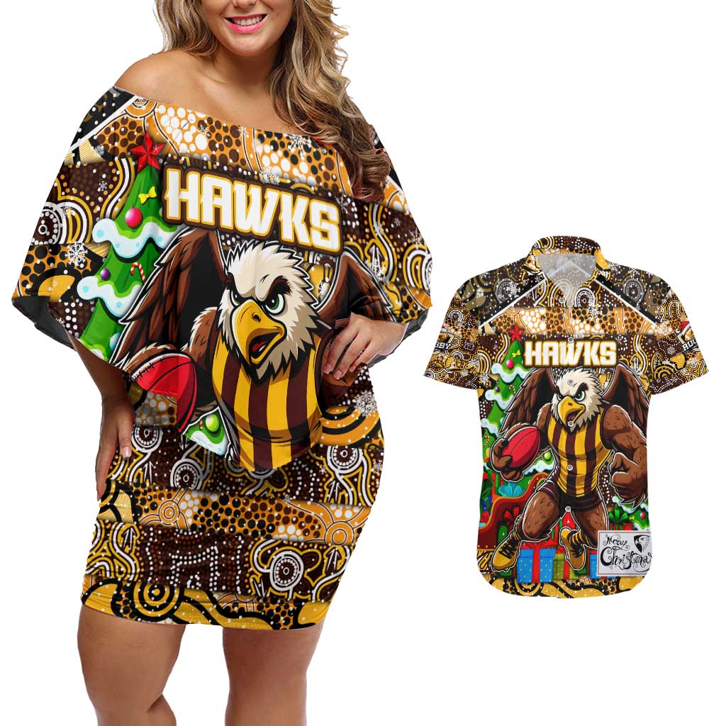 Custom Hawks Rugby Merry Christmas Couples Matching Off Shoulder Short Dress and Hawaiian Shirt Indigenous Australian Art