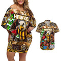 Custom Hawks Rugby Merry Christmas Couples Matching Off Shoulder Short Dress and Hawaiian Shirt Indigenous Australian Art