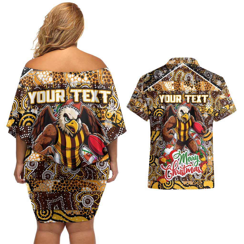 Custom Hawks Rugby Merry Christmas Couples Matching Off Shoulder Short Dress and Hawaiian Shirt Indigenous Australian Art