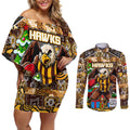 Custom Hawks Rugby Merry Christmas Couples Matching Off Shoulder Short Dress and Long Sleeve Button Shirt Indigenous Australian Art
