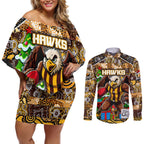 Custom Hawks Rugby Merry Christmas Couples Matching Off Shoulder Short Dress and Long Sleeve Button Shirt Indigenous Australian Art