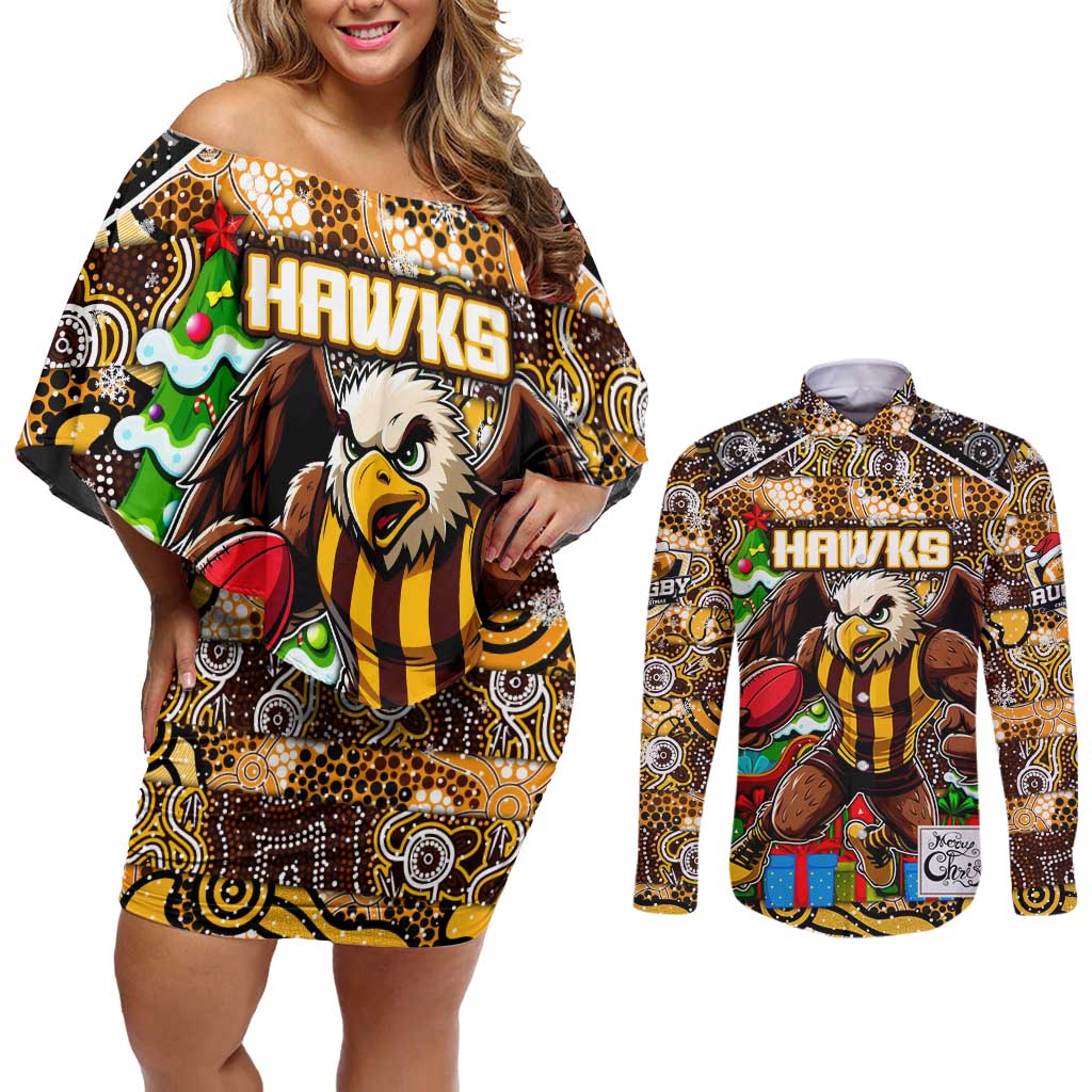 Custom Hawks Rugby Merry Christmas Couples Matching Off Shoulder Short Dress and Long Sleeve Button Shirt Indigenous Australian Art