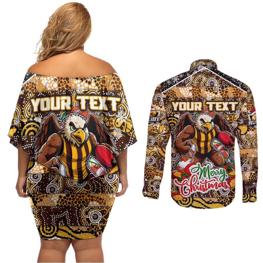 Custom Hawks Rugby Merry Christmas Couples Matching Off Shoulder Short Dress and Long Sleeve Button Shirt Indigenous Australian Art