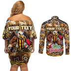 Custom Hawks Rugby Merry Christmas Couples Matching Off Shoulder Short Dress and Long Sleeve Button Shirt Indigenous Australian Art