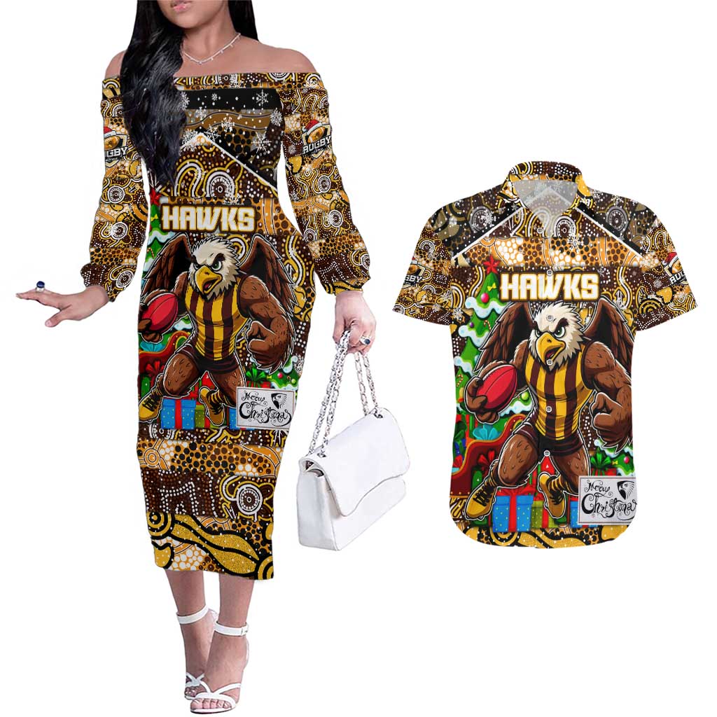 Custom Hawks Rugby Merry Christmas Couples Matching Off The Shoulder Long Sleeve Dress and Hawaiian Shirt Indigenous Australian Art