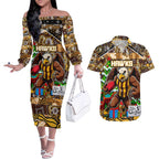 Custom Hawks Rugby Merry Christmas Couples Matching Off The Shoulder Long Sleeve Dress and Hawaiian Shirt Indigenous Australian Art