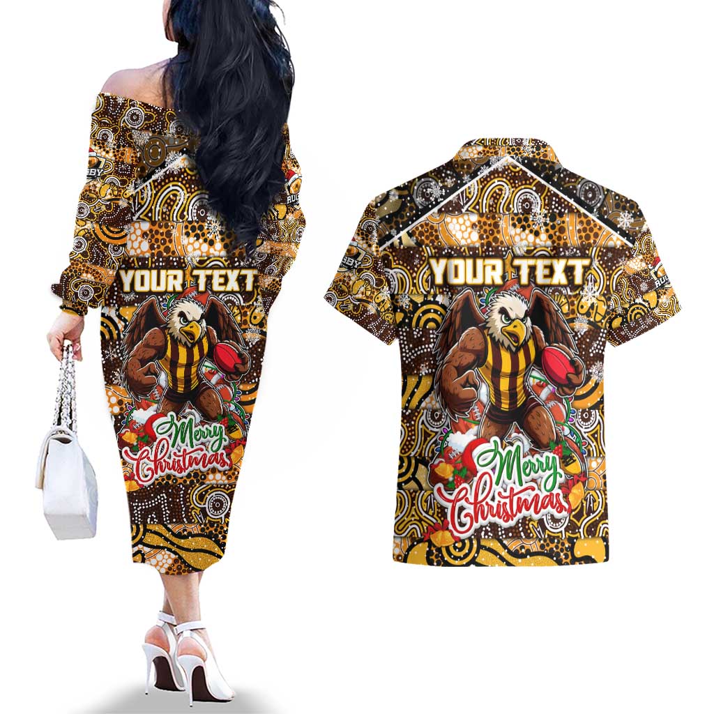 Custom Hawks Rugby Merry Christmas Couples Matching Off The Shoulder Long Sleeve Dress and Hawaiian Shirt Indigenous Australian Art