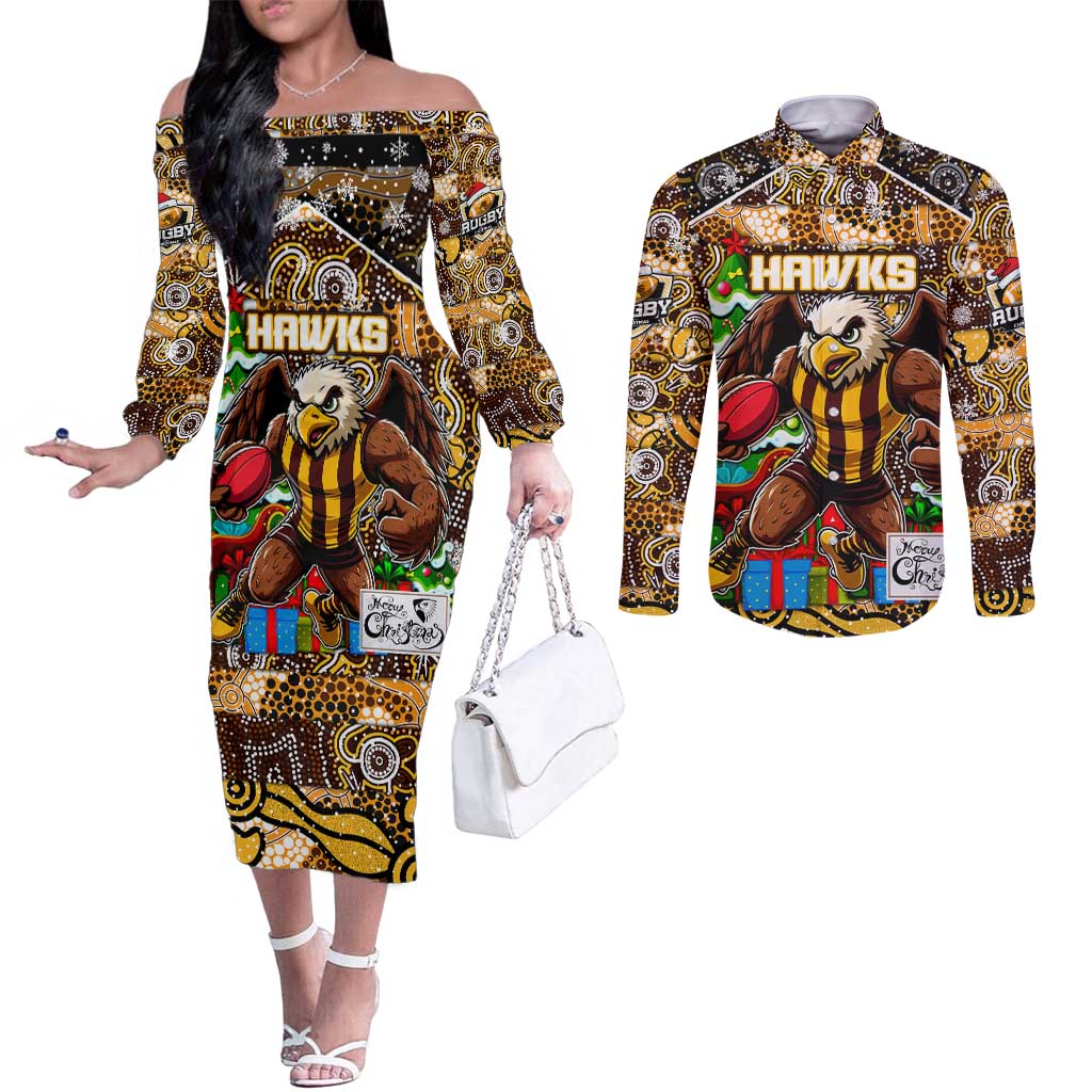 Custom Hawks Rugby Merry Christmas Couples Matching Off The Shoulder Long Sleeve Dress and Long Sleeve Button Shirt Indigenous Australian Art
