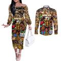 Custom Hawks Rugby Merry Christmas Couples Matching Off The Shoulder Long Sleeve Dress and Long Sleeve Button Shirt Indigenous Australian Art