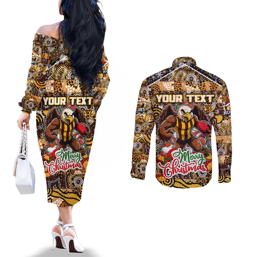 Custom Hawks Rugby Merry Christmas Couples Matching Off The Shoulder Long Sleeve Dress and Long Sleeve Button Shirt Indigenous Australian Art