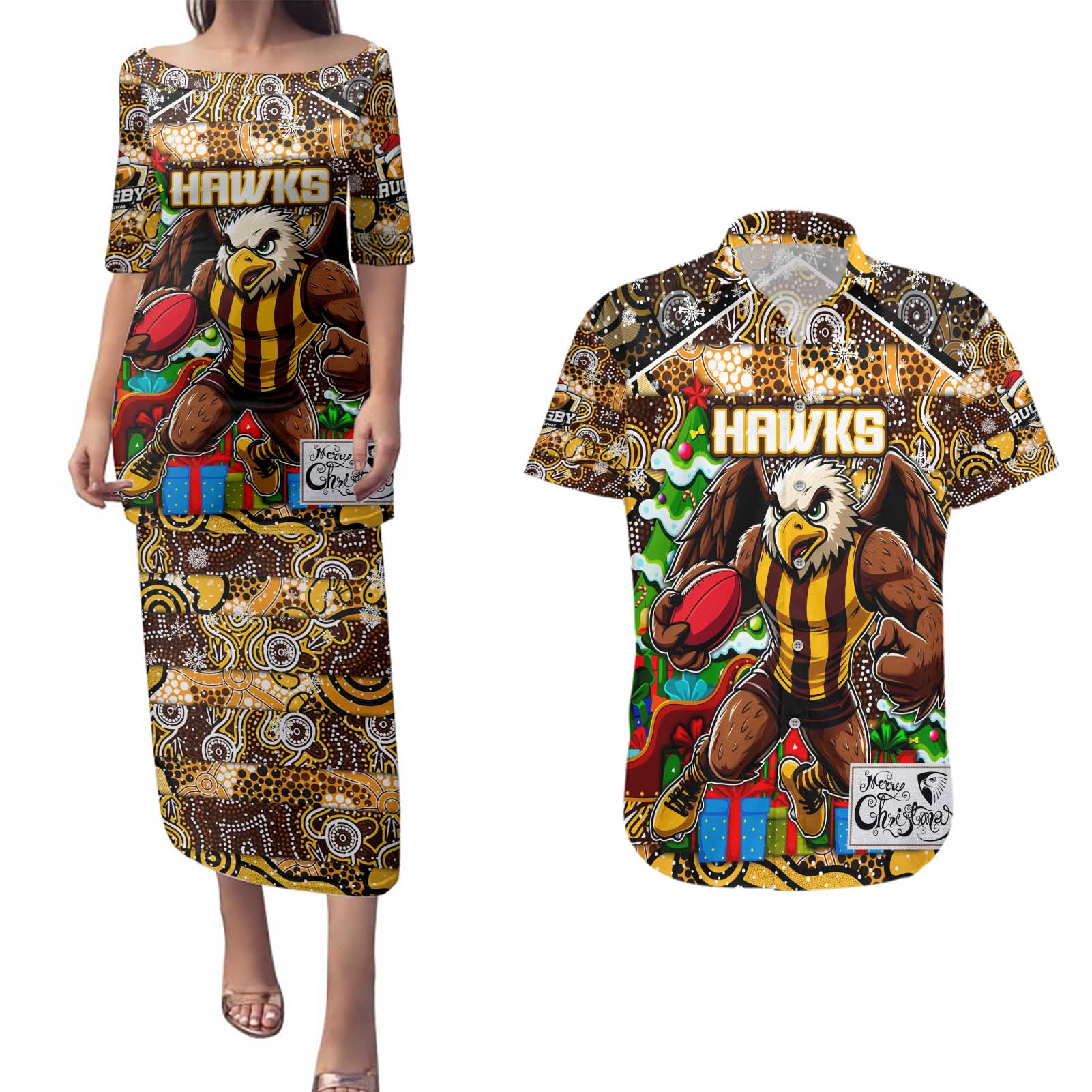 Custom Hawks Rugby Merry Christmas Couples Matching Puletasi and Hawaiian Shirt Indigenous Australian Art