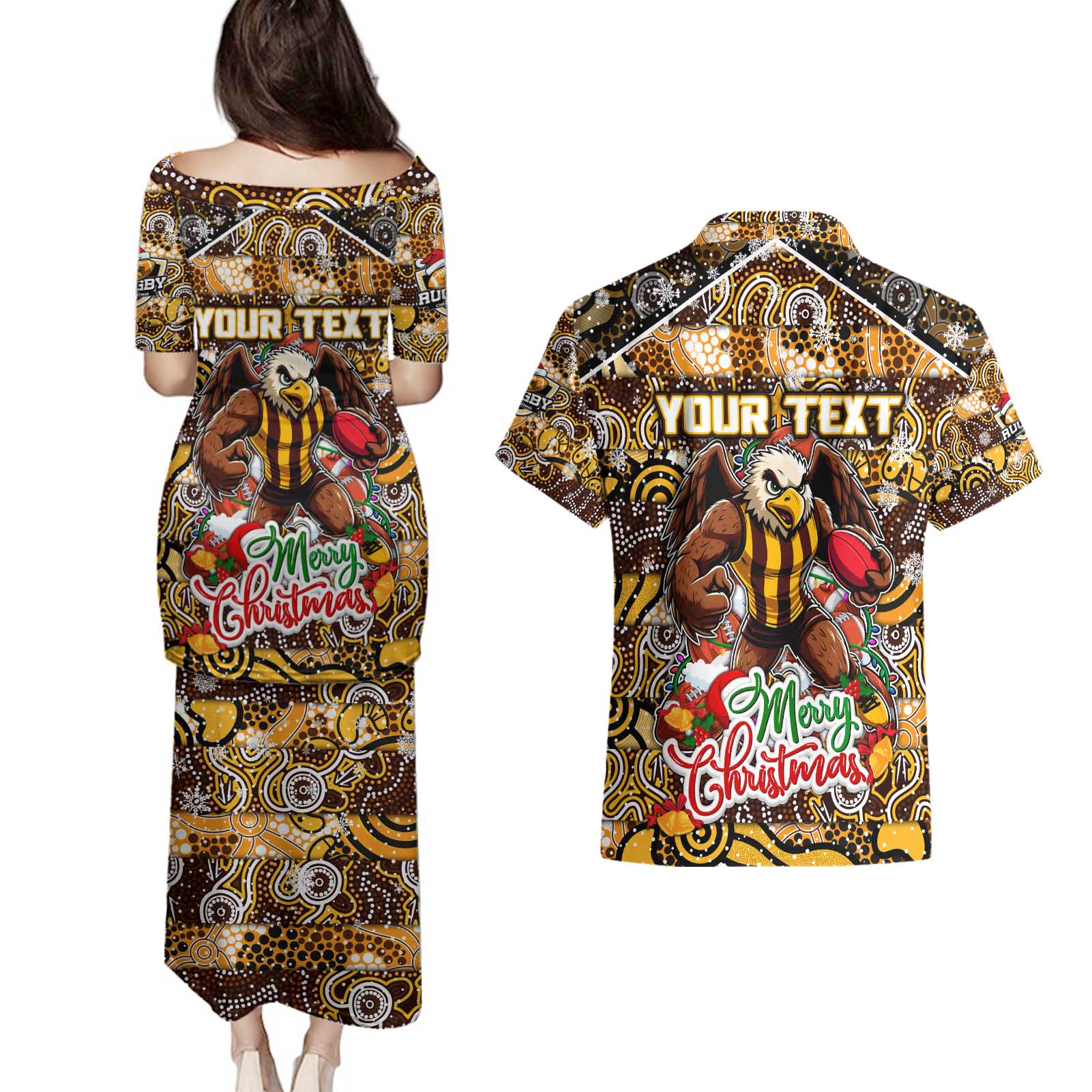 Custom Hawks Rugby Merry Christmas Couples Matching Puletasi and Hawaiian Shirt Indigenous Australian Art