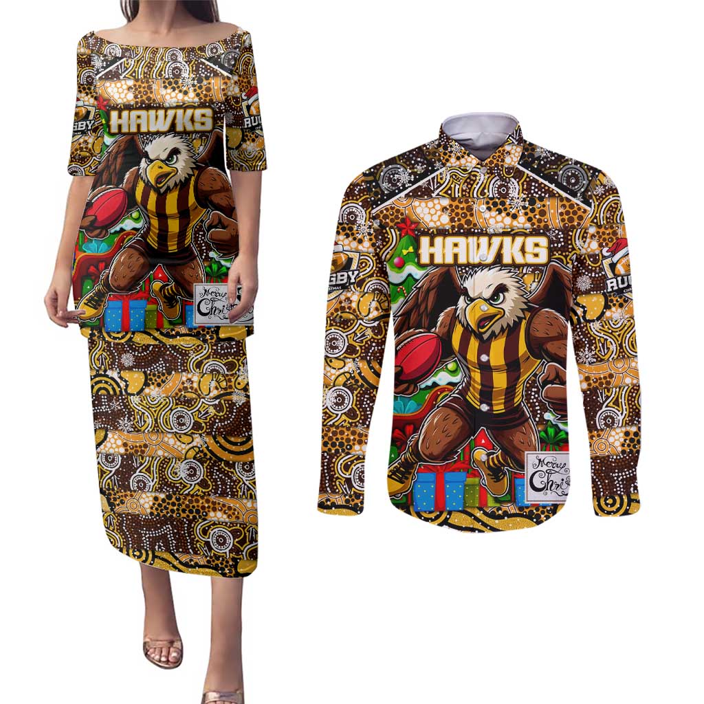 Custom Hawks Rugby Merry Christmas Couples Matching Puletasi and Long Sleeve Button Shirt Indigenous Australian Art