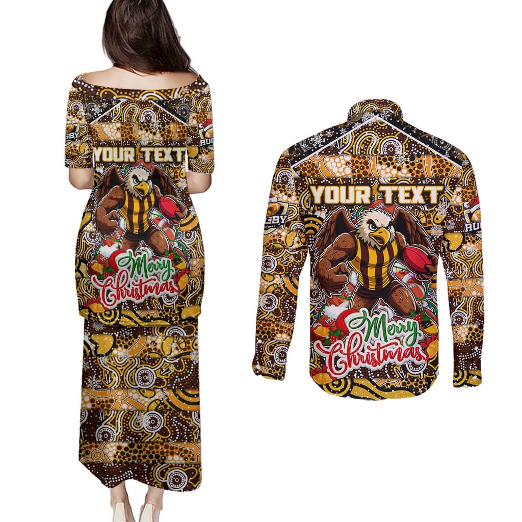 Custom Hawks Rugby Merry Christmas Couples Matching Puletasi and Long Sleeve Button Shirt Indigenous Australian Art