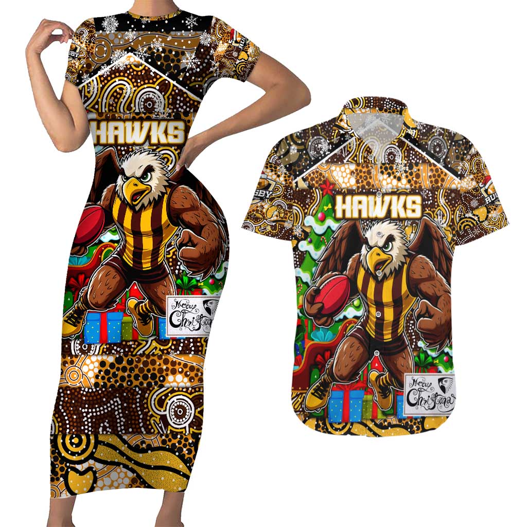 Custom Hawks Rugby Merry Christmas Couples Matching Short Sleeve Bodycon Dress and Hawaiian Shirt Indigenous Australian Art
