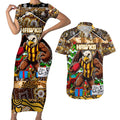 Custom Hawks Rugby Merry Christmas Couples Matching Short Sleeve Bodycon Dress and Hawaiian Shirt Indigenous Australian Art