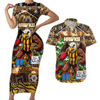 Custom Hawks Rugby Merry Christmas Couples Matching Short Sleeve Bodycon Dress and Hawaiian Shirt Indigenous Australian Art