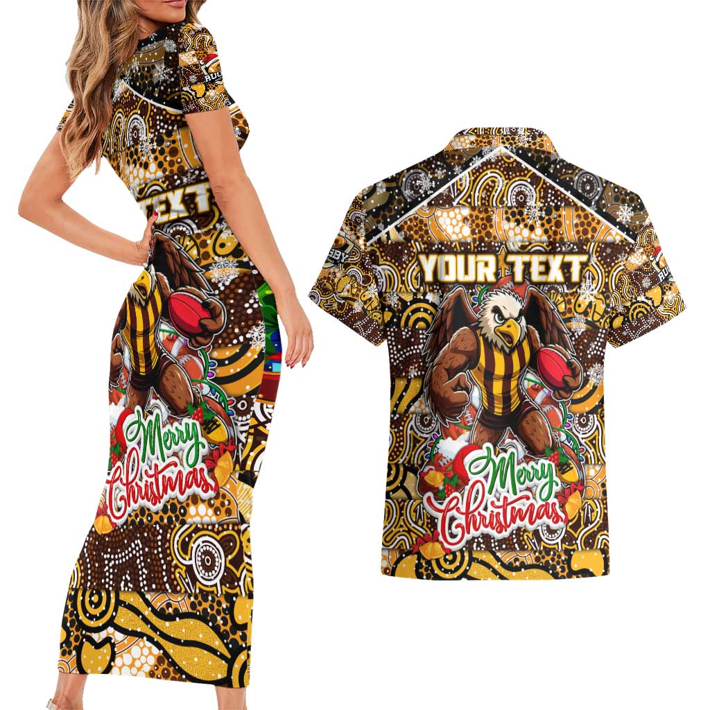 Custom Hawks Rugby Merry Christmas Couples Matching Short Sleeve Bodycon Dress and Hawaiian Shirt Indigenous Australian Art